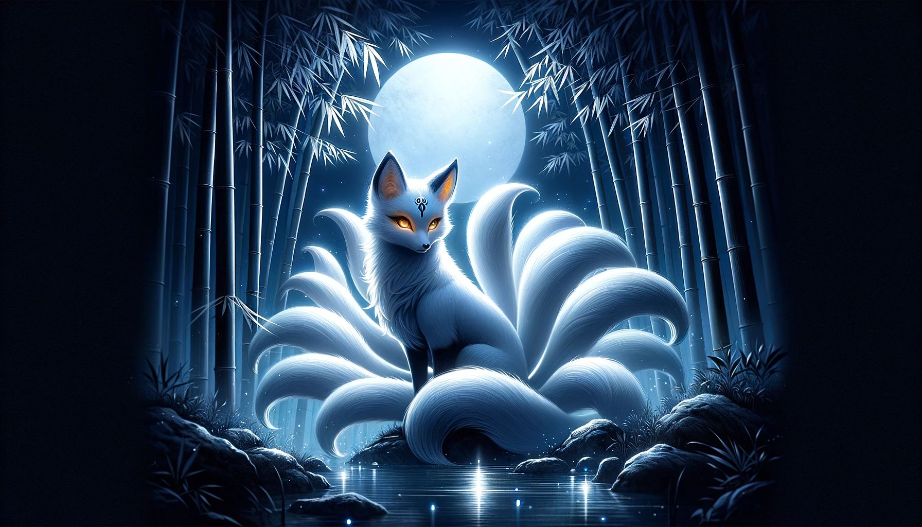 Digital artwork of 'Kitsune_ Whispers of the Moonlit Grove', depicting a mystical nine-tailed Kitsune in a serene bamboo