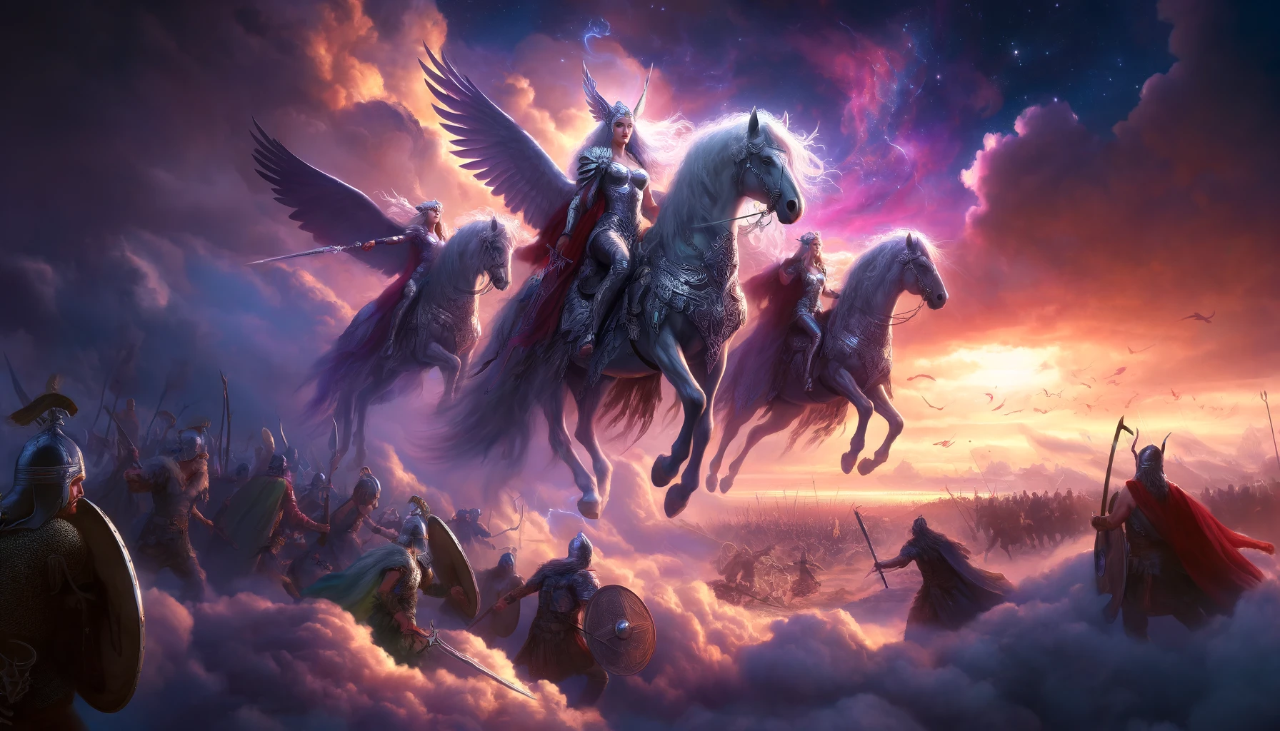 Digital artwork of 'Valkyries' Descent_ Twilight of the Battlefields', depicting the mythical Valkyries descending 